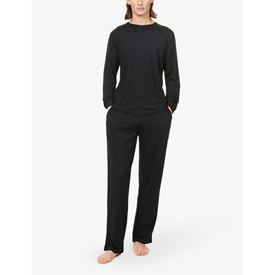 Shop Sunspel Lounge Relaxed-fit Cotton-blend Pyjama Bottoms In Black