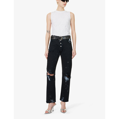 Shop Jean Vintage Womens Black Paint-splatter Straight Wide-leg Mid-rise Jeans