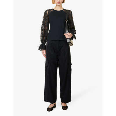 Shop Me And Em Women's Navy/ Black Lace-sleeve Slim-fit Cotton-blend Jersey Top