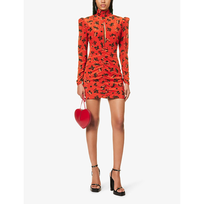 Shop Alessandra Rich Women's Red Floral-print High-neck Silk Mini Dress