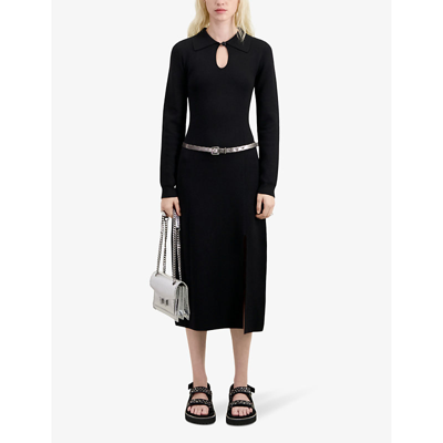 Shop The Kooples Women's Black Cut-out Split-hem Stretch-knit Midi Dress