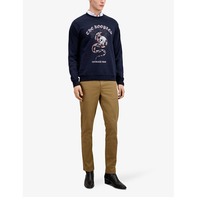 Shop The Kooples Men's Washed Navy Graphic-print Relaxed-fit Cotton Sweatshirt