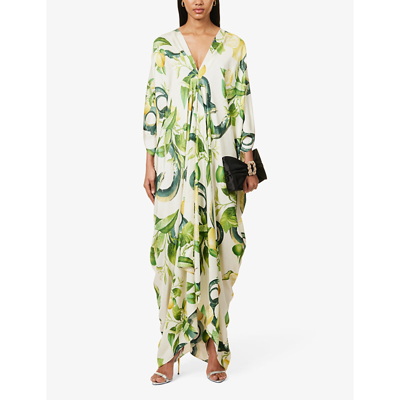 Shop Roberto Cavalli Women's Avorio V-neck Graphic-pattern Silk Maxi Dress