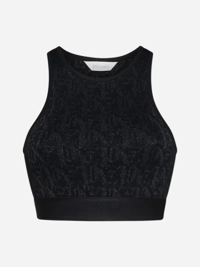 Shop Palm Angels Lame' Monogram Jacquard Bra Top In Black