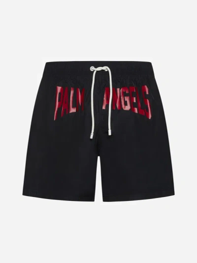 Shop Palm Angels City Logo Swim Shorts In Black,red