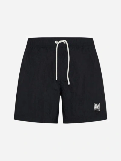 Shop Palm Angels Monogram-patch Swim Shorts In Black,white