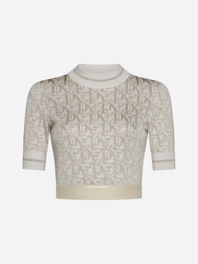Shop Palm Angels Lame' Monogram Jacquard Top In Off,white,beige