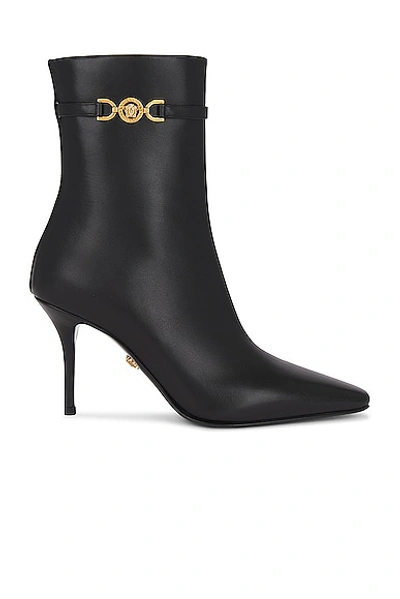 Versace Leather Booties With Logoed Strap And Stiletto Heel 9cm In Black