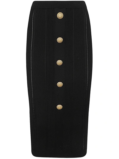 Balmain High Waist Five Button See Through Knit Midi Skirt In Black