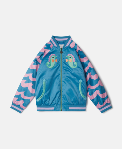 Shop Stella Mccartney Seahorse Embroidery Satin Bomber Jacket In Blue
