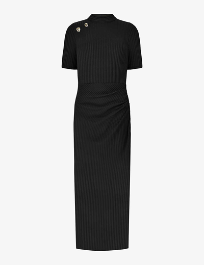 Shop Ro&zo Button-embellished High-neck Stretch-knit Midi Dress In Black