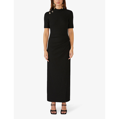 Shop Ro&zo Women's Black Button-embellished High-neck Stretch-knit Midi Dress