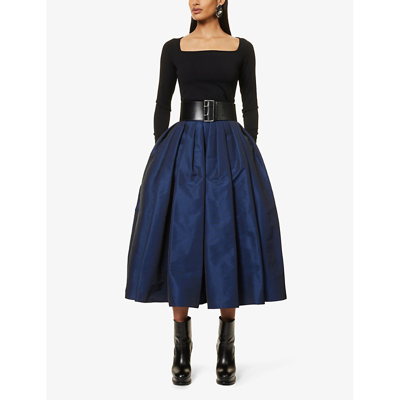 Shop Alexander Mcqueen Womens Electric Navy High-rise Flared-hem Woven Midi Skirt In Blue
