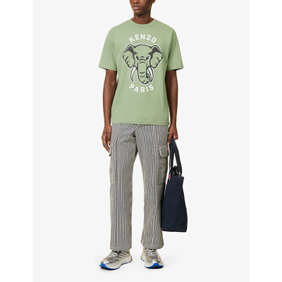 Shop Kenzo Men's Almond Green Elephant Branded-print Cotton-jersey T-shirt