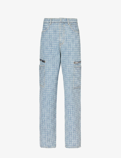 Shop Givenchy Men's Light Blue 4g Monogram-patterned Relaxed-fit Wide-leg Jeans
