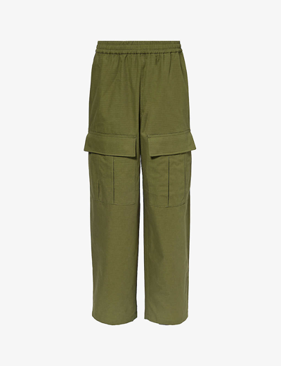 Shop Acne Studios Prudento Flap-pocket Relaxed-fit Wide-leg Cotton Trousers In Olive Green