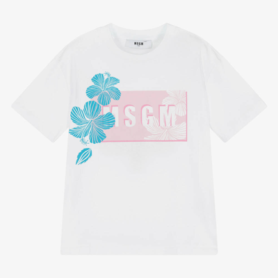 Shop Msgm Girls White Cotton Flower T-shirt
