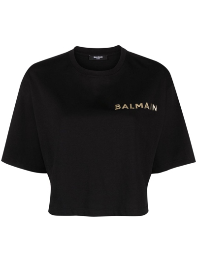 Shop Balmain Black Logo-appliqué Cotton Cropped T-shirt
