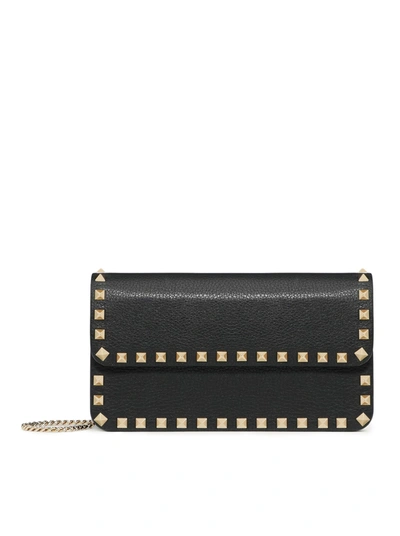 Shop Valentino Pouch With Rockstud Chain In Grained Calfskin In Black