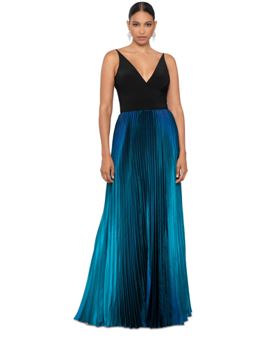 Shop Betsy & Adam Petite V-neck Pleated-skirt Sleeveless Gown In Black,teal