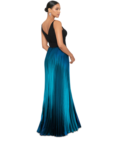 Shop Betsy & Adam Petite V-neck Pleated-skirt Sleeveless Gown In Black,teal
