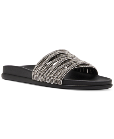 Shop Madden Girl Xana Rhinestone Strappy Footbed Slide Sandals In Black Multi Rhinestone