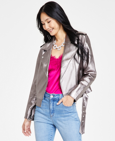 Shop Inc International Concepts Women's Metallic Moto Jacket, Created For Macy's In Silver