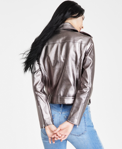 Shop Inc International Concepts Women's Metallic Moto Jacket, Created For Macy's In Silver
