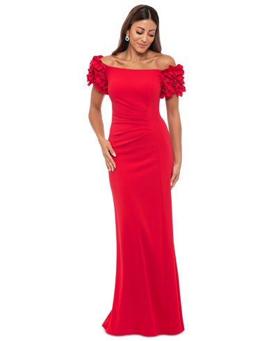 Shop Xscape Petite Off-the-shoulder Ruffle-sleeve Gown In Red