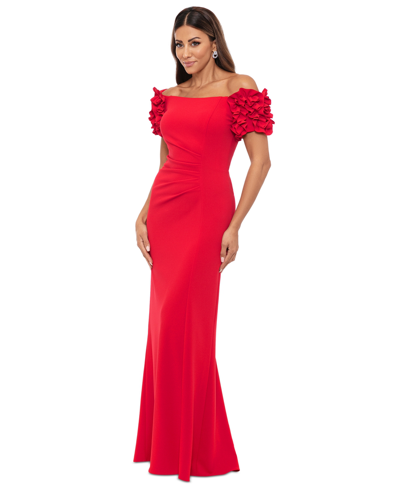 Shop Xscape Petite Off-the-shoulder Ruffle-sleeve Gown In Red