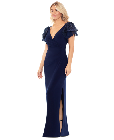 Betsy & Adam Petite Sequin Flutter-sleeve Sheath Dress In Navy