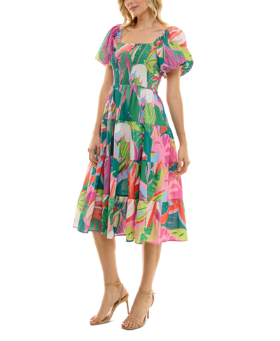 Shop Crystal Doll Juniors' Printed Tiered Puff-sleeve Dress In Pink Multicolor