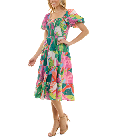 Shop Crystal Doll Juniors' Printed Tiered Puff-sleeve Dress In Pink Multicolor
