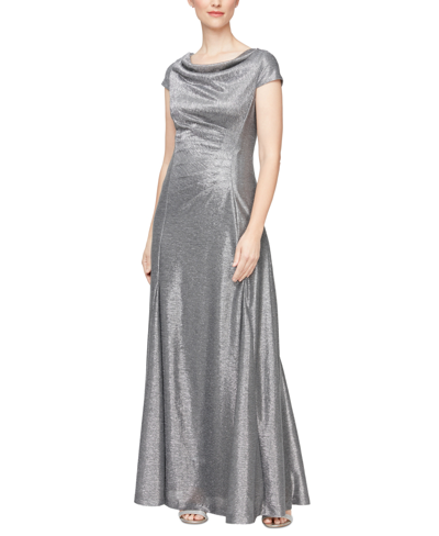 Shop Alex Evenings Women's Metallic Ruched Cowl-back Gown In Smoke