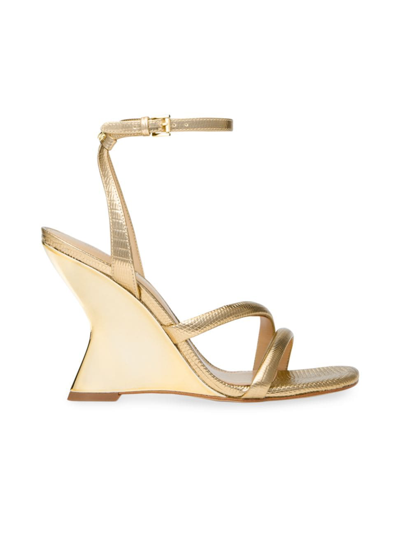 Shop Michael Michael Kors Women's Nadina 101mm Iguana-embossed Leather Wedge Sandals In Pale Gold