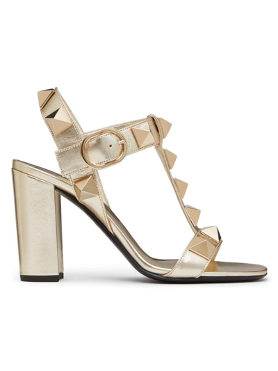 Shop Valentino Women's Roman Stud Metallic Sandals 90mm In Platinum
