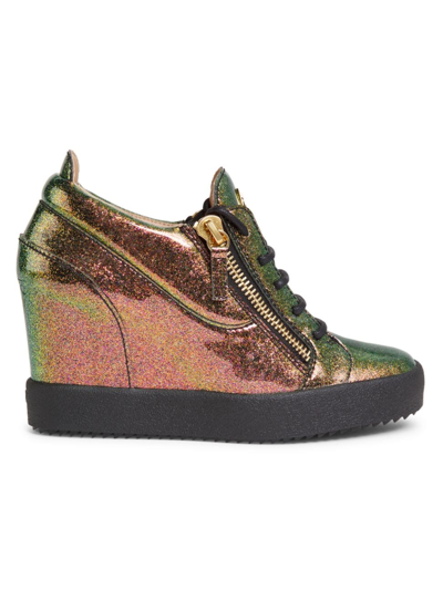 Shop Giuseppe Zanotti Women's 75mm Glitter Patent Leather Wedge Sneakers In Neutral