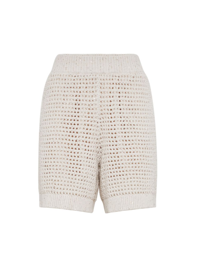 Shop Brunello Cucinelli Women's Cotton Dazzling Net Knit Shorts In Oat