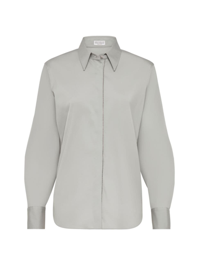 Shop Brunello Cucinelli Women's Stretch Cotton Poplin Shirt With Shiny Trim In Medium Grey