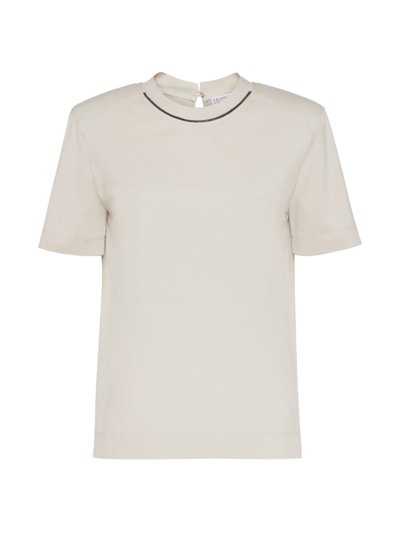 Shop Brunello Cucinelli Women's Cotton Jersey T-shirt With Padded Shoulder In Cool Beige