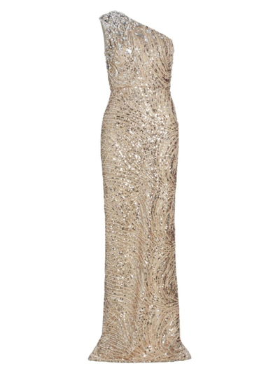 Shop Pamella Roland Women's Sequined Swirl One-shoulder Tulle Gown In Taupe Silver