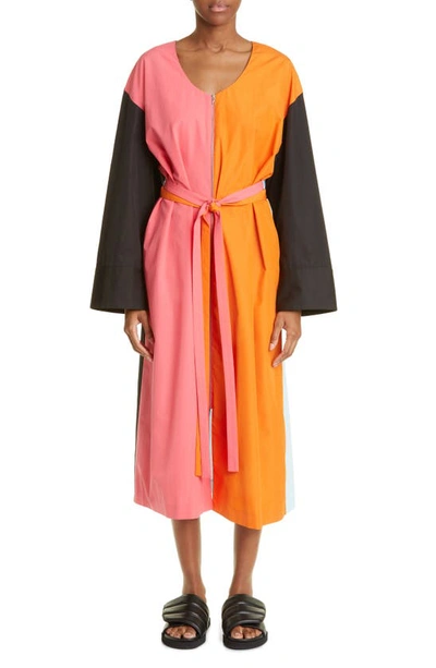 Shop Partow Andy Colorblock Long Sleeve Belted Midi Dress In Pink Multi