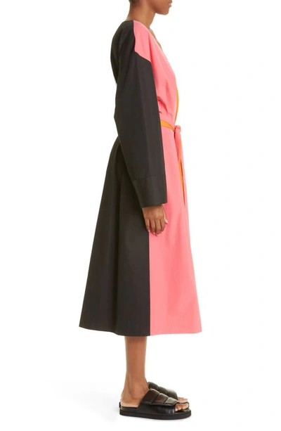 Shop Partow Andy Colorblock Long Sleeve Belted Midi Dress In Pink Multi