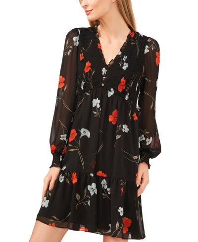 Shop Cece Women's Printed Long-sleeve Smocked Empire-waist Dress In Rich Black