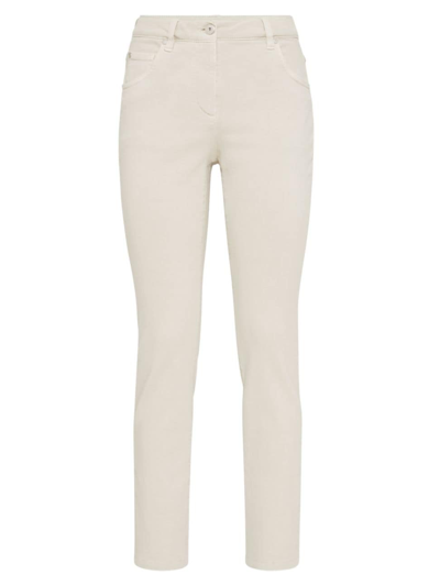 Shop Brunello Cucinelli Women's Stretch Dyed Denim Slim Jeans With Shiny Leather Tab In Ivory