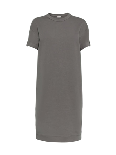 Shop Brunello Cucinelli Women's Stretch Cotton Lightweight French Terry Dress With Shiny Cuff Detail In Charcoal