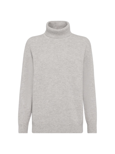 Shop Brunello Cucinelli Women's Cashmere English Rib Turtleneck Sweater With Monili In Light Grey