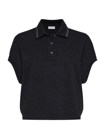 Shop Brunello Cucinelli Women's Cotton Pique Polo Shirt With Shiny Collar Trim In Anthracite