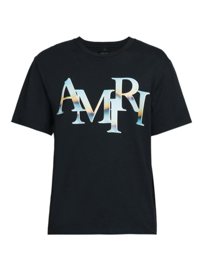 Shop Amiri Men's Staggered Logo Cotton T-shirt In Black