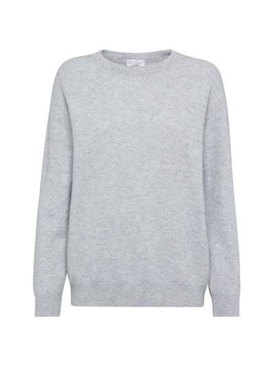 Shop Brunello Cucinelli Women's Cashmere English Rib Sweater With Monili In Light Grey